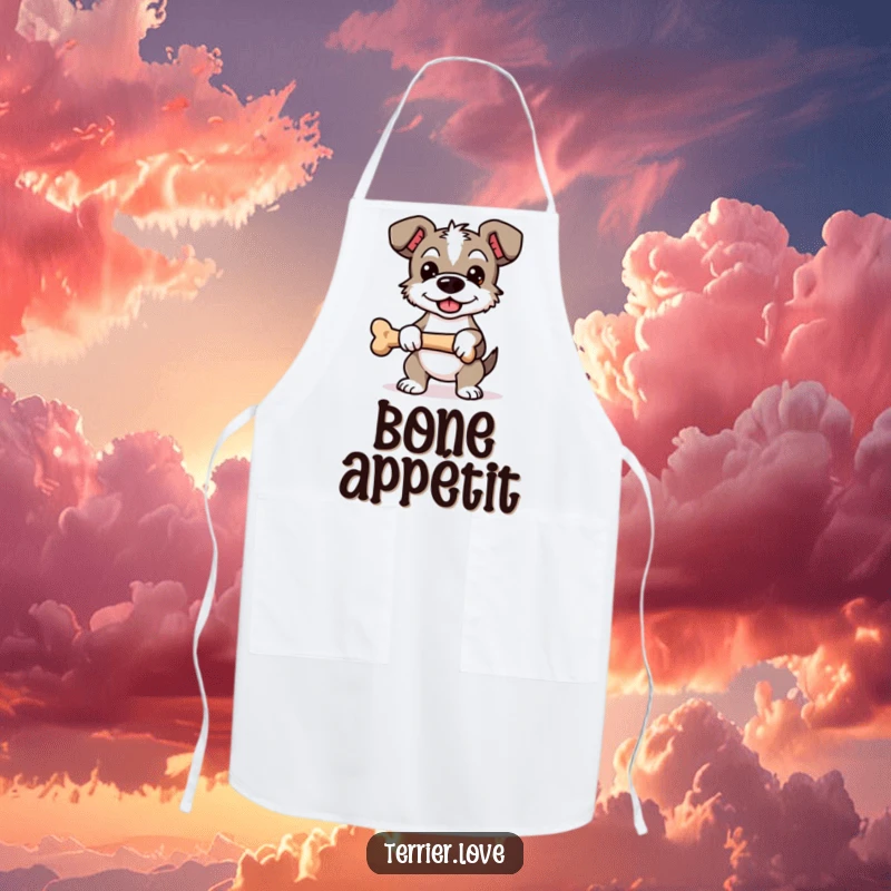 Funny Proud Terrier Apron: Kitchen wear featuring a proud dog character holding a bone, ready for successful cooking.