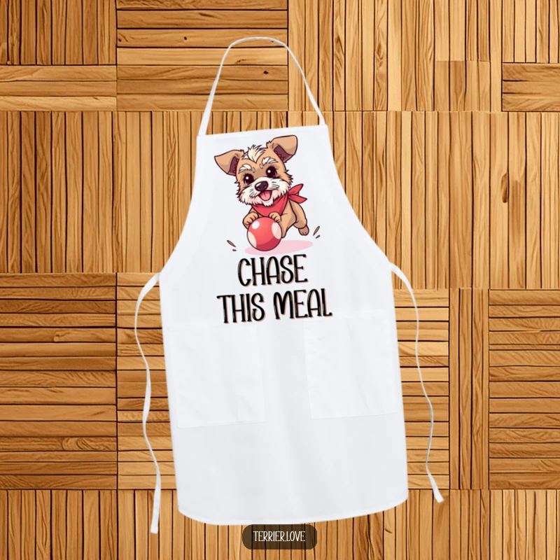 Funny terrier apron showing a small dog in a bandana, energetically chasing a bouncy ball, ideal for keeping clothes clean.