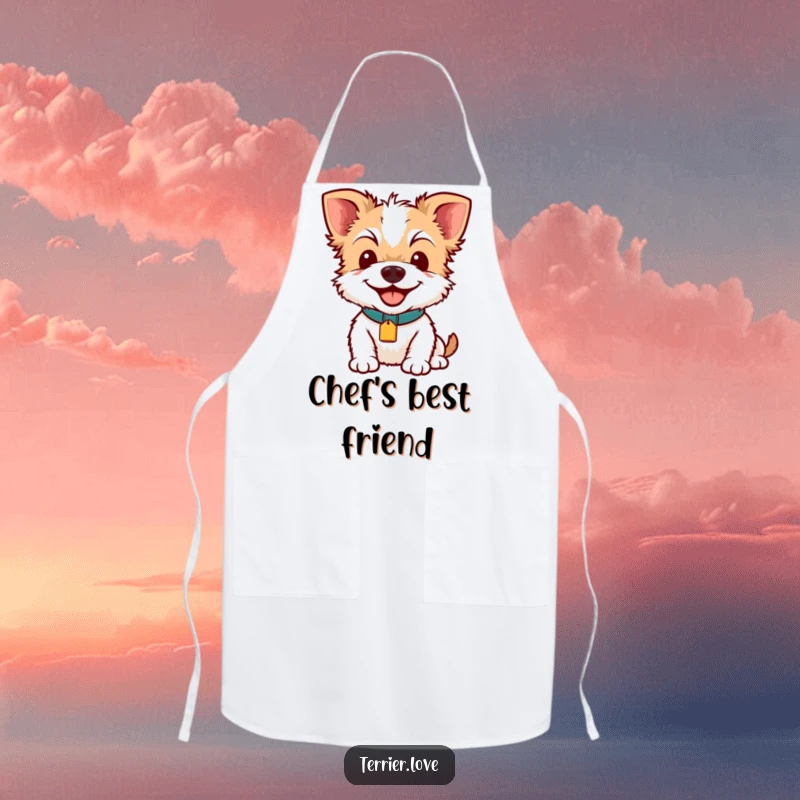 Funny Terrier Smile Apron: A smiling terrier with a bright collar tag, designed for kitchen fun and protection, adding humor to cooking.