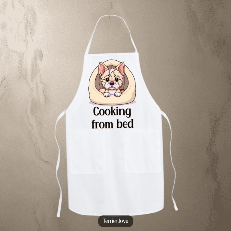 Funny terrier apron showcasing a dog peeking from a cozy dog bed, adding a humorous and endearing touch to kitchen tasks.
