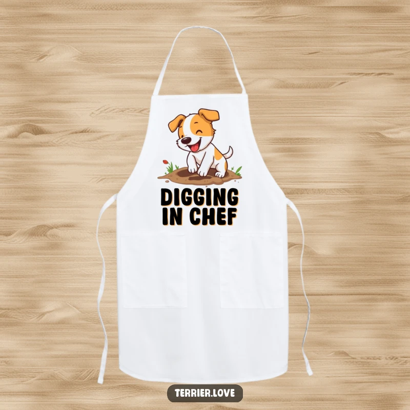 Funny terrier apron showing an energetic small dog digging a hole with great enthusiasm, ideal for keeping clothes clean.