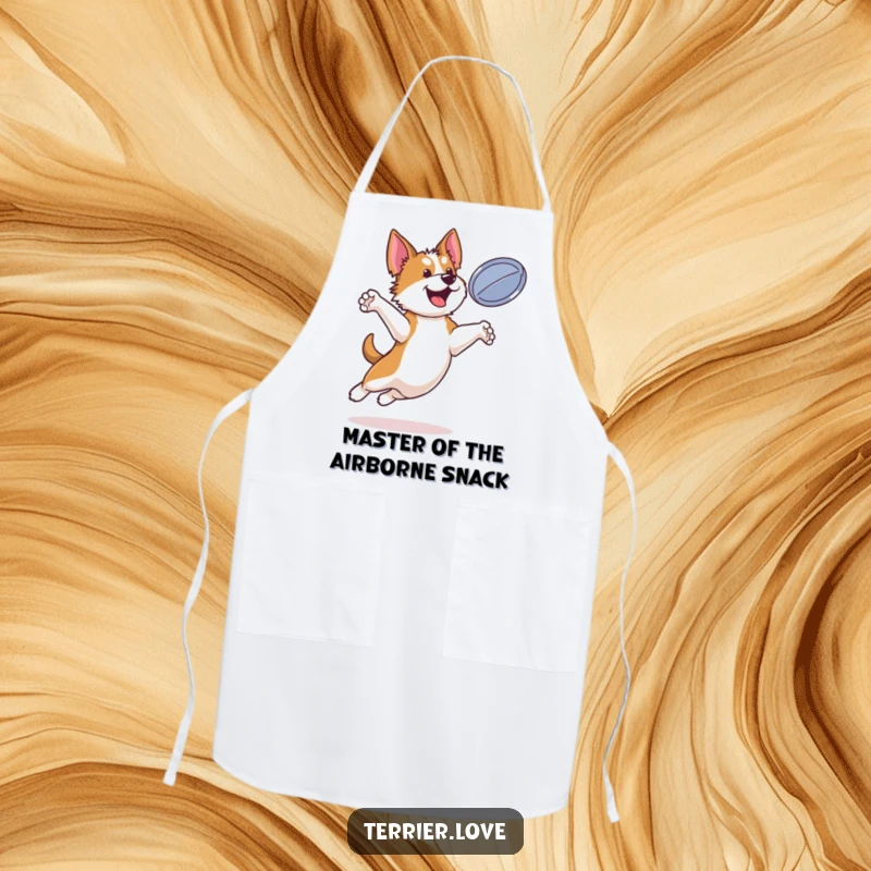 Funny terrier apron featuring a bouncy dog leaping high to catch a flying disc, bringing action to the kitchen.