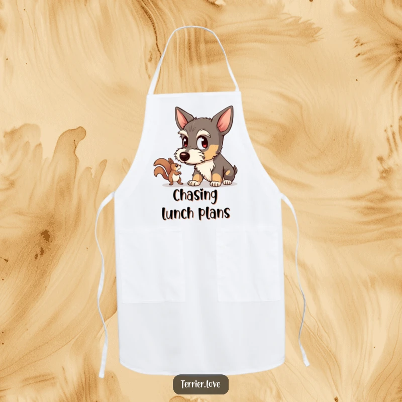 Funny terrier apron depicting a dog intently watching a scurrying squirrel, perfect for chefs who enjoy cooking with a focused and humorous attitude.