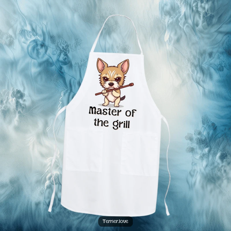 Funny Determined Terrier Apron: A determined terrier carrying a stick, designed for kitchen duties, adding a humorous touch to cooking.