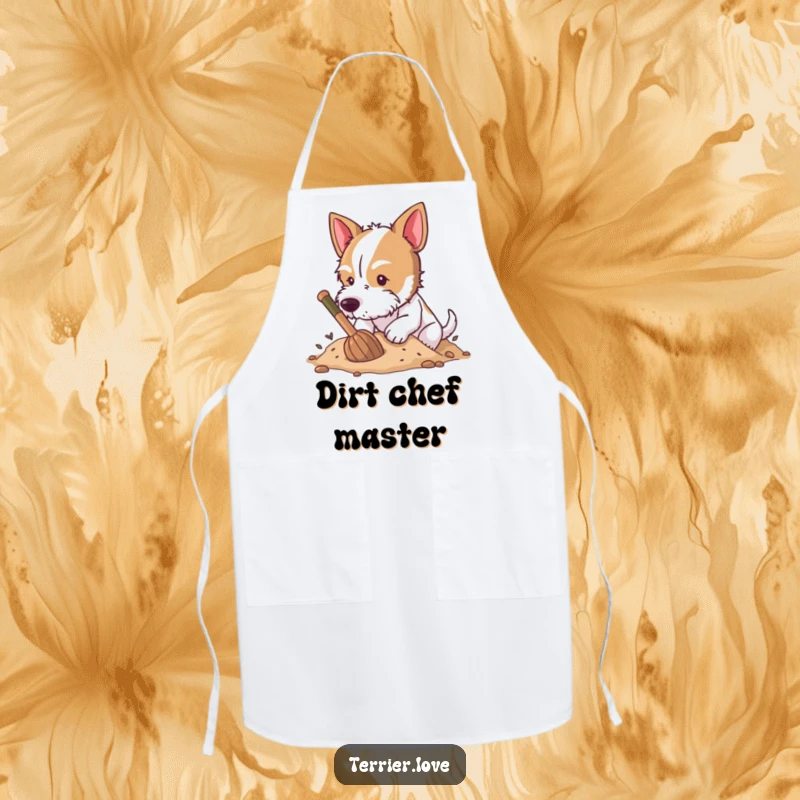 Funny Apron showing a terrier enthusiastically digging in soft earth, ready for gardening adventures.