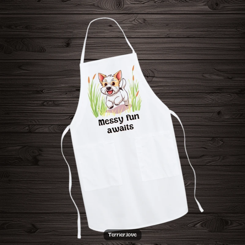 Funny happy terrier apron featuring a dog bounding through grass with a furiously wagging tail, a cheerful kitchen accessory.