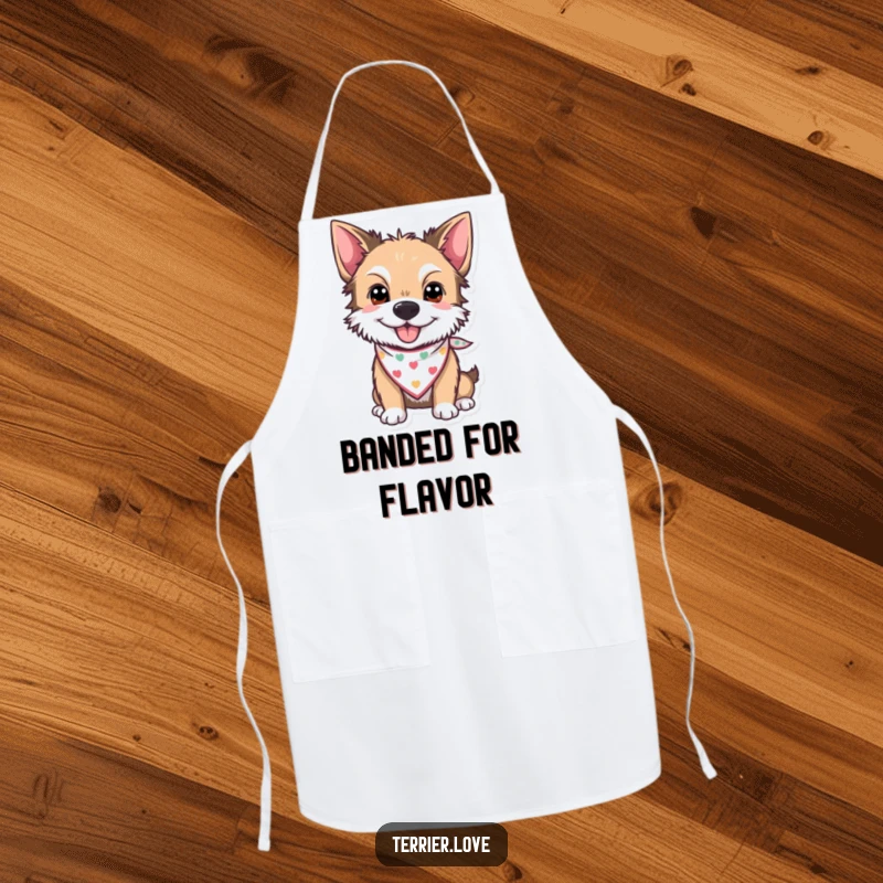 Funny Apron showing a cheerful terrier wearing a small bandana, ready to supervise and add humor to cooking.