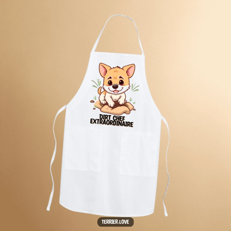 Funny terrier apron depicting a determined dog digging a hole, ideal for kitchen tasks with humorous intent.