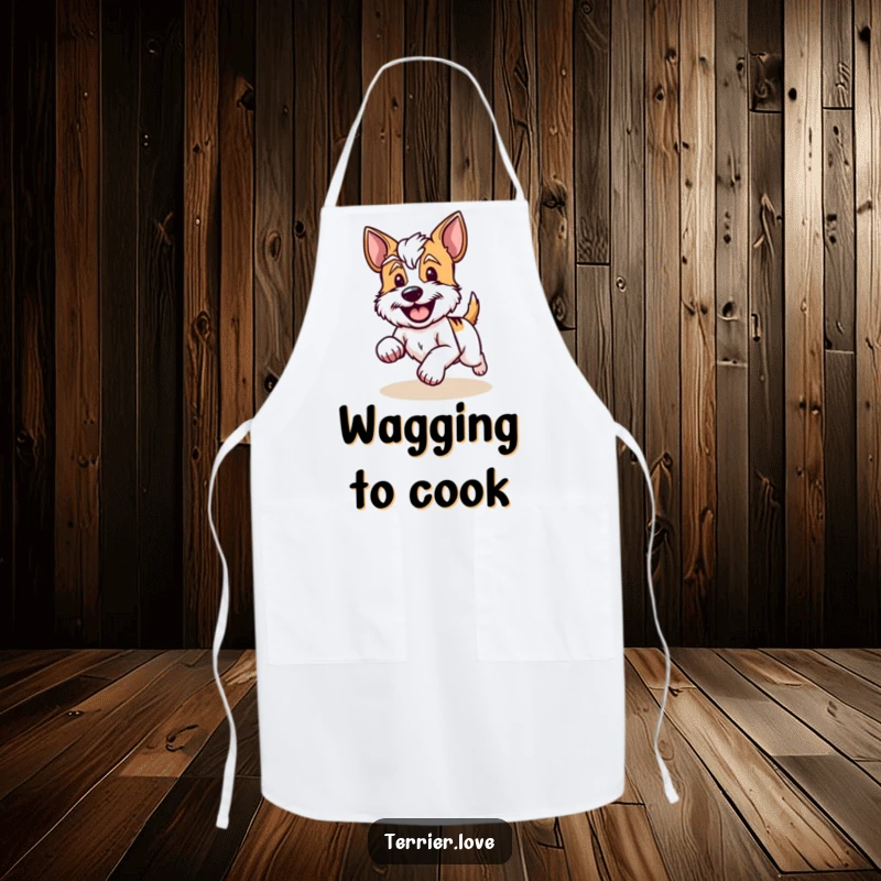 Funny Apron showing a terrier running with a happy wagging tail, full of zest and joy.