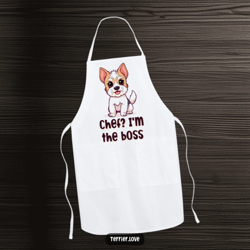 Funny apron showing an alert terrier dog with an excited, wagging tail, ready for kitchen fun. A perfect gift.