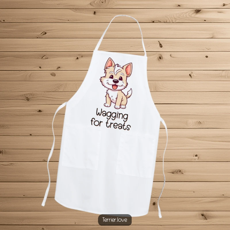 Funny terrier apron showcasing a dog with its tail wagging rapidly, conveying eagerness and excitement for preparing delicious meals.