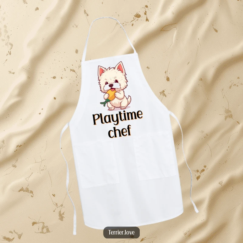 Funny Apron featuring a fluffy terrier happily shaking a squeaky toy, designed for comfort and humor while cooking or baking.