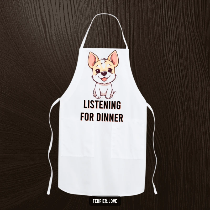 Funny Apron featuring a smiling terrier with its floppy ears perked up, designed for kitchen fun and protection.