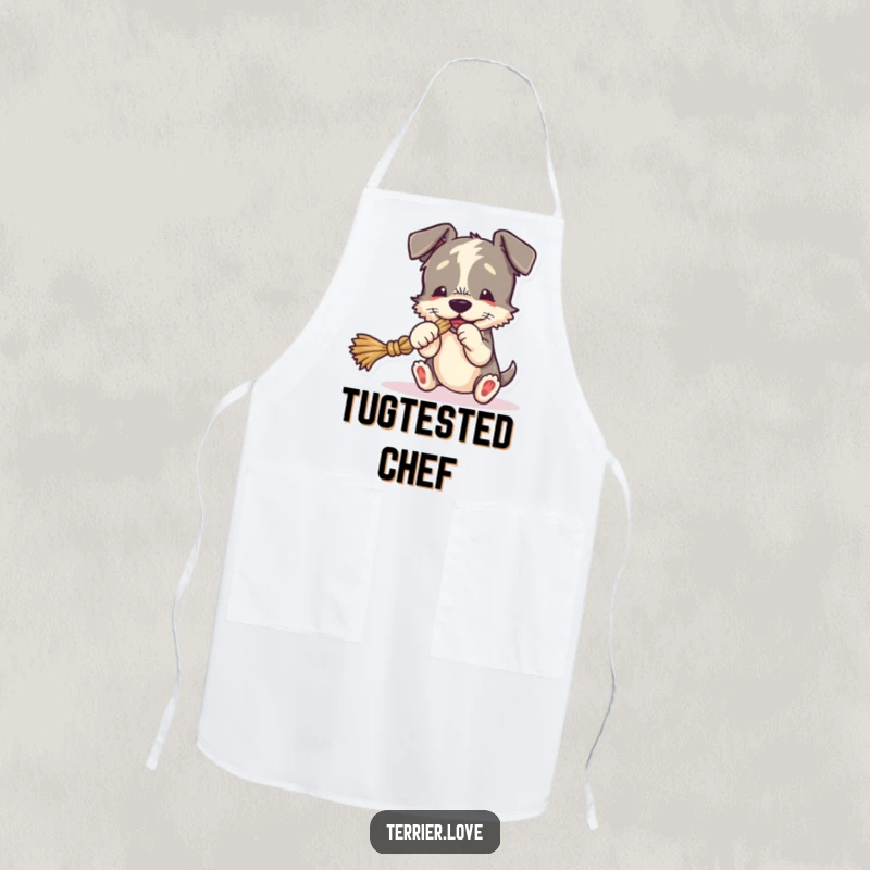 Funny Apron with a terrier playing tug-of-war with a rope toy, adding humor to kitchen activities.