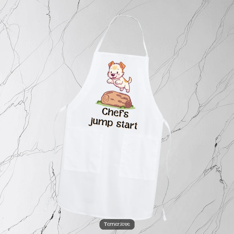 Funny Terrier Apron: A playful dog leaps over a log, a hilarious and practical addition to any kitchen.