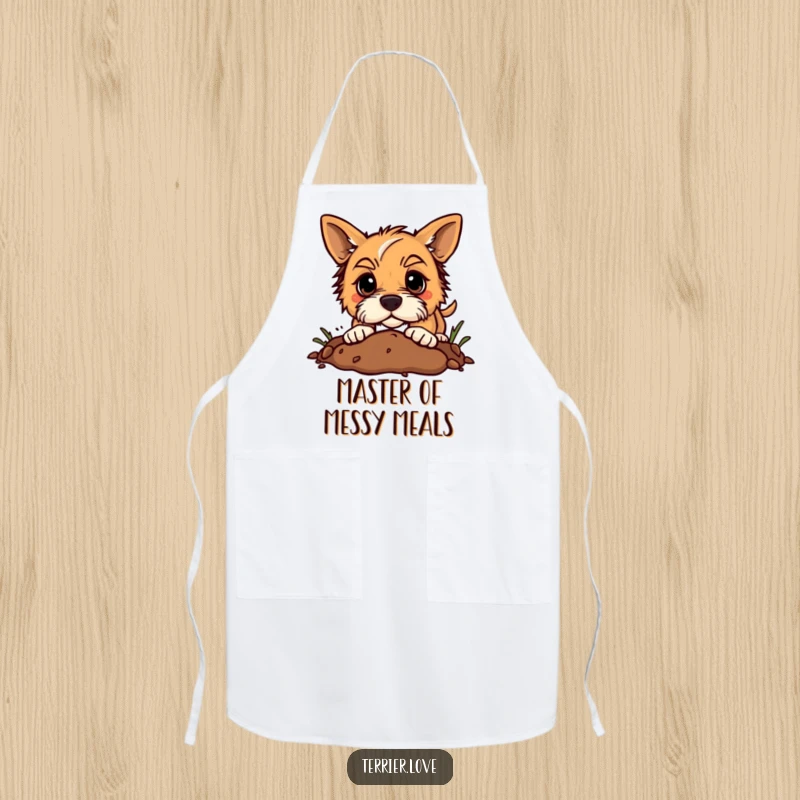 Funny terrier apron depicting a dog digging enthusiastically in the dirt with a determined expression, a humorous kitchen accessory.
