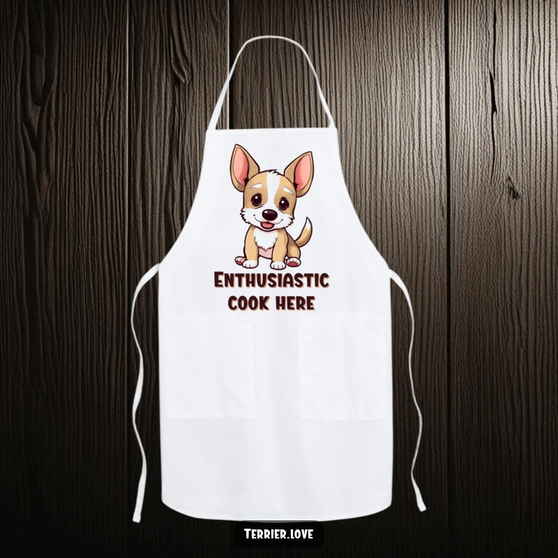 Funny apron featuring a terrier with oversized ears and a vigorously wagging tail, designed for kitchen fun and protection.