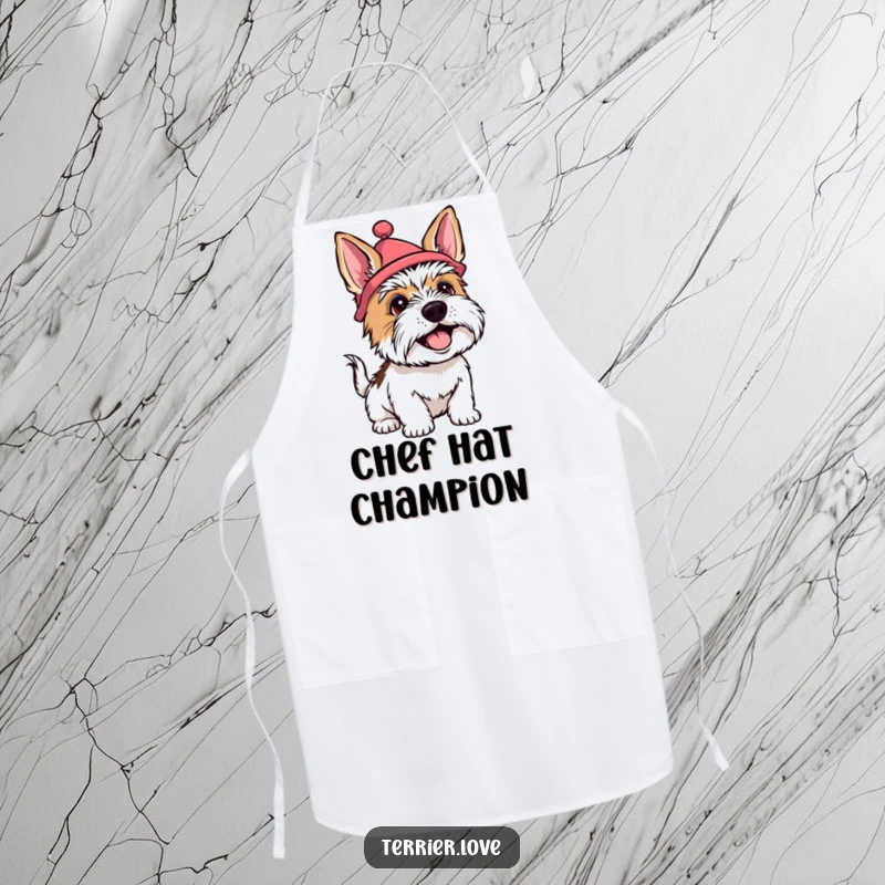 Funny terrier apron featuring a dog wearing a silly hat and wagging its tail happily, perfect for kitchen fun.