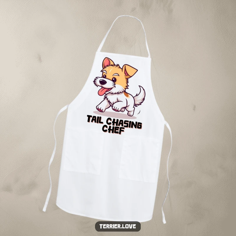 Funny apron designed with a happy terrier dog energetically chasing its tail, perfect for kitchen duty with a humorous touch.