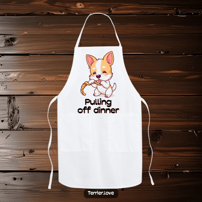 Funny Terrier Apron: Kitchen wear featuring a playful dog character tugging on a rope toy, ready for culinary games.