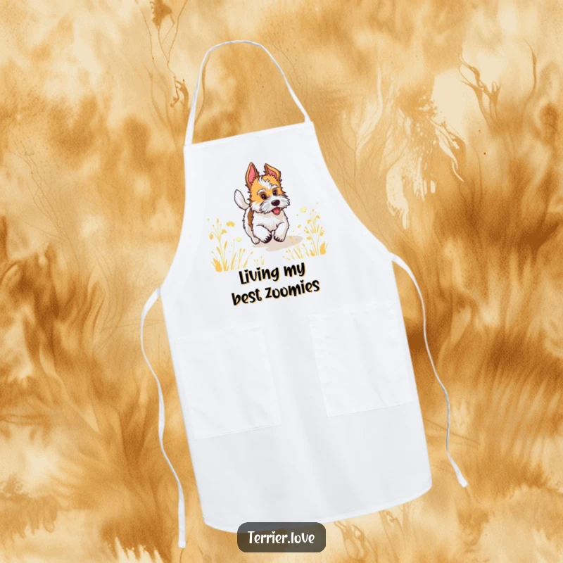 Funny terrier with a wagging tail running through a field, a humorous apron for kitchen fun.