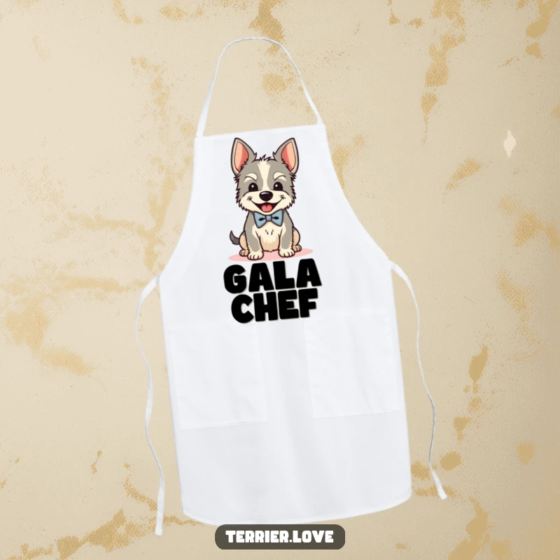 Funny Bow Tie Terrier Apron: A dapper dog wears a bow tie and shakes its head joyfully, a humorous kitchen accessory.