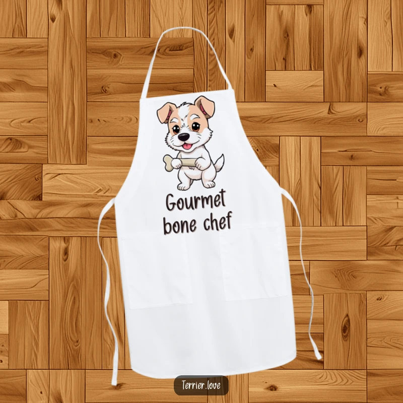 Funny Apron with a proud terrier holding a bone, adding humor and pride to cooking activities.