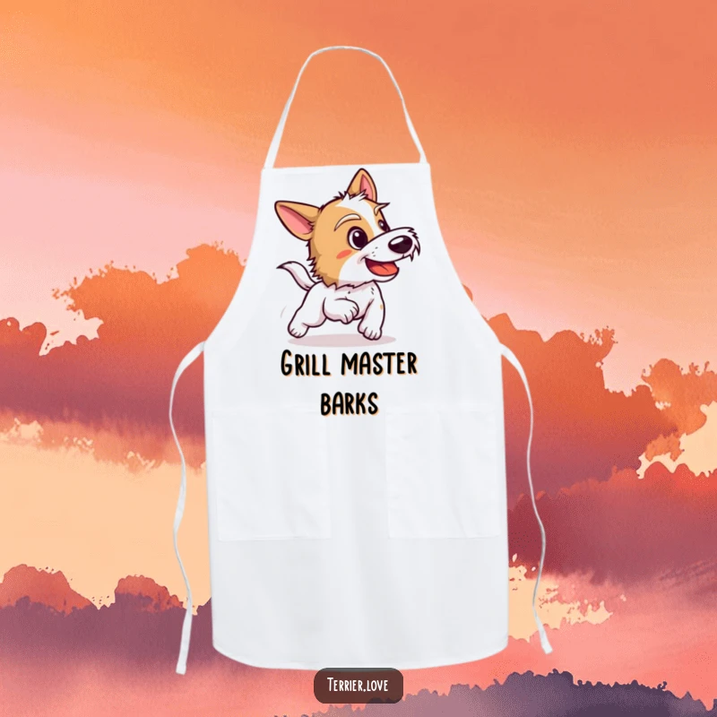 Funny terrier apron with a dog barking playfully, ready to chase culinary success, bringing humor to the kitchen.