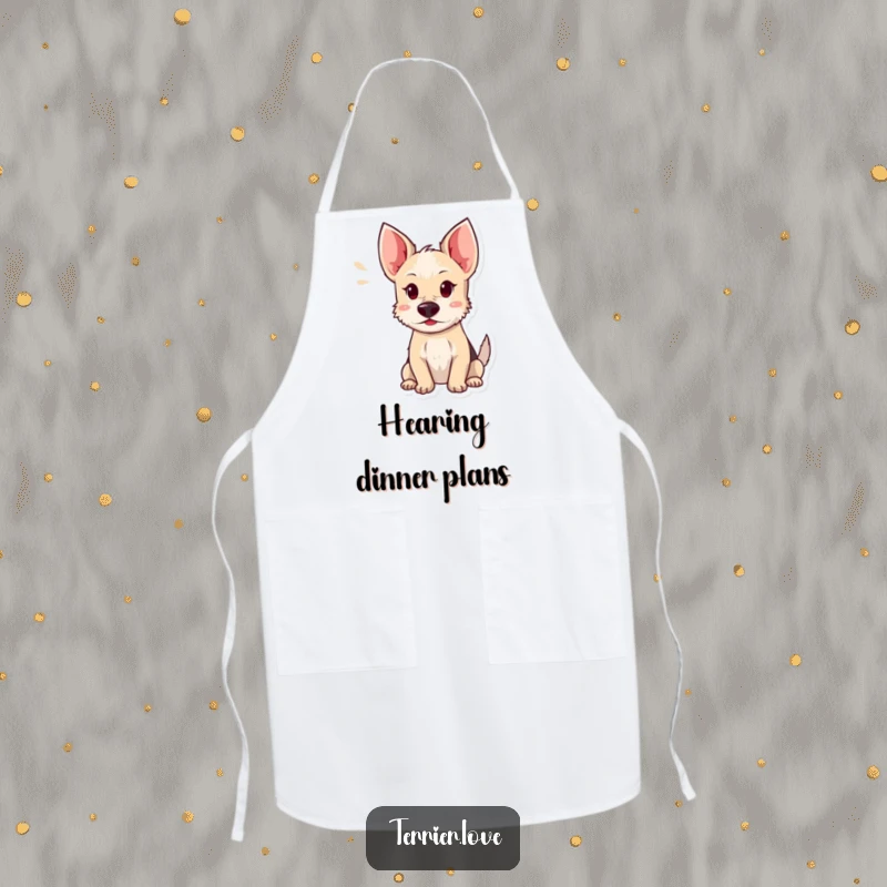 Funny terrier apron showcasing a dog with ears perked, listening intently, adding a humorous and engaging touch to kitchen tasks.