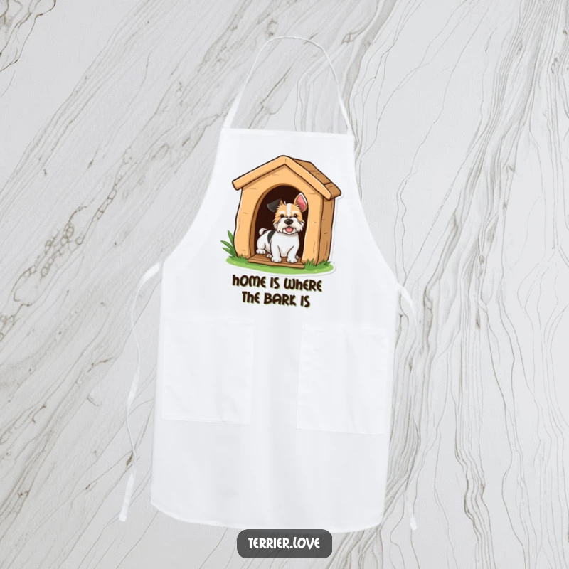 Funny terrier peeking playfully from a doghouse, a humorous apron for kitchen fun.