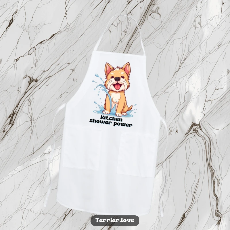 Funny terrier apron featuring a dog exuberantly shaking off water with a joyful spray, perfect for kitchen fun.