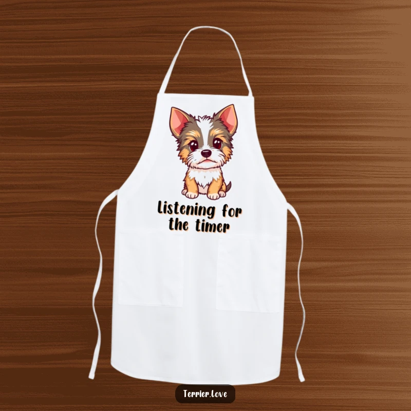 Funny Terrier apron showing a curious dog with head cocked and alert ears, a humorous image for kitchen tasks or gardening.