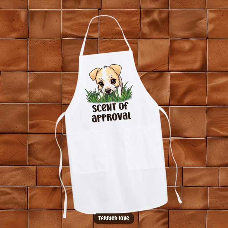 Funny terrier apron featuring a dog with a curious gaze sniffing grass, perfect for kitchen exploration.