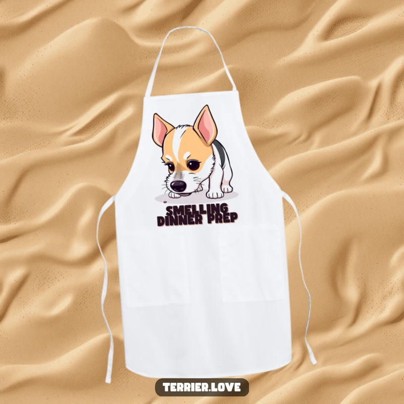 Funny apron featuring a curious terrier with a focused look, sniffing the ground like a culinary detective on the job.