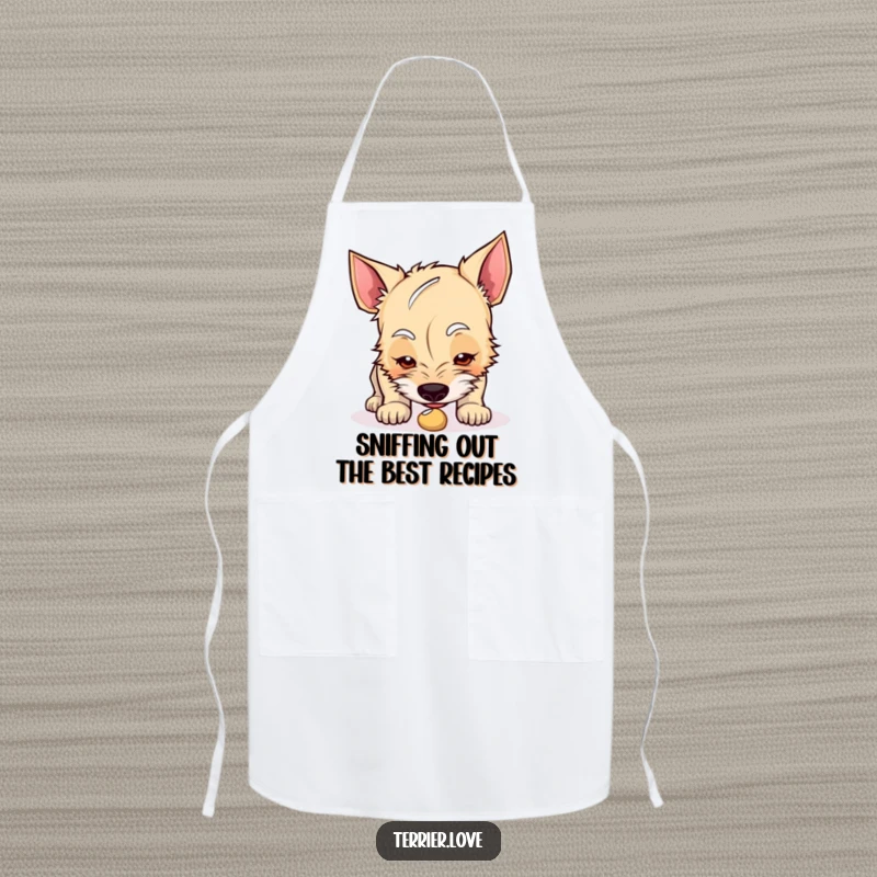 Funny terrier apron depicting a curious dog sniffing an intriguing object, a fun kitchen accessory for investigators.