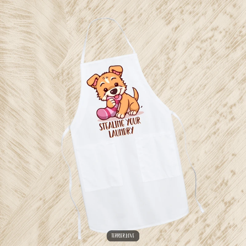 Funny terrier apron depicting a mischievous dog attempting to steal a sock, perfect for chefs who enjoy cooking with a playful and humorous attitude.