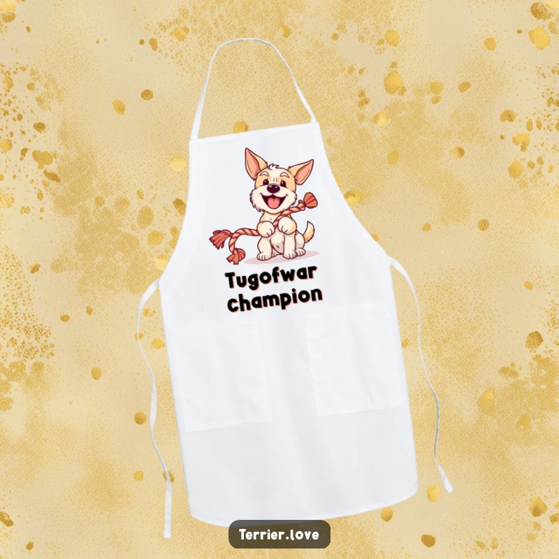 Funny terrier apron with a cheerful dog wagging its tail and holding a rope toy, ideal for kitchen fun and humorous cooking.