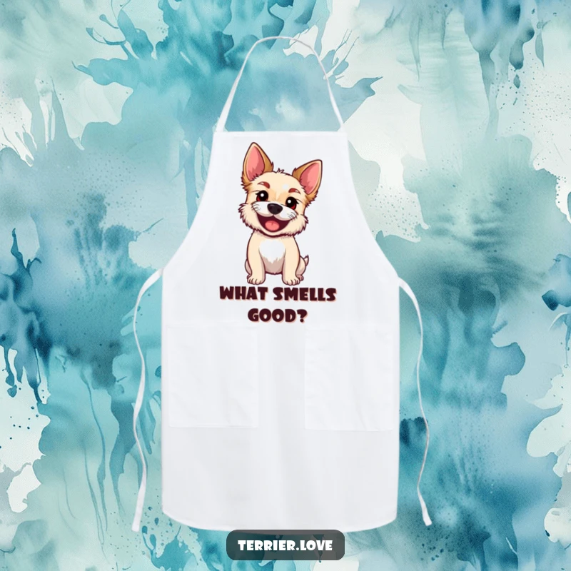 Funny Apron showing an excited terrier tilting its head, looking curious and ready to ponder recipes.