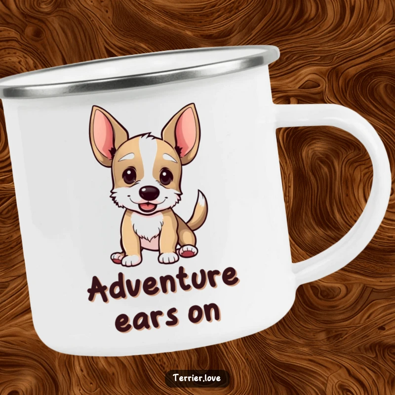 Funny camping mug featuring a terrier with large ears and an enthusiastically wagging tail, perfect for outdoor use with a cheerful design.