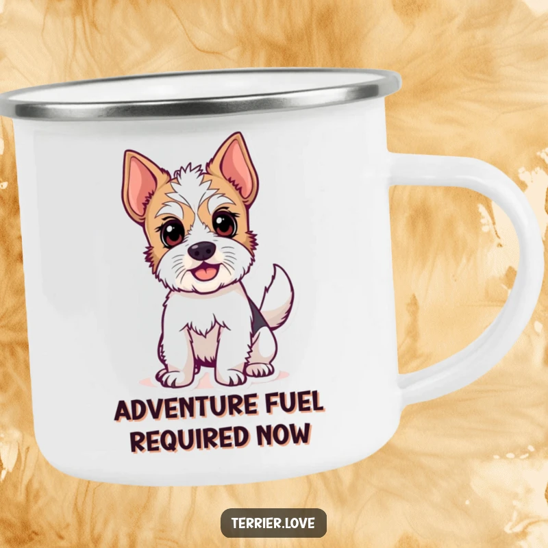 Funny enamel camping mug showcasing an alert terrier dog mid-tail wag, embodying outdoor adventure excitement. A great gift.