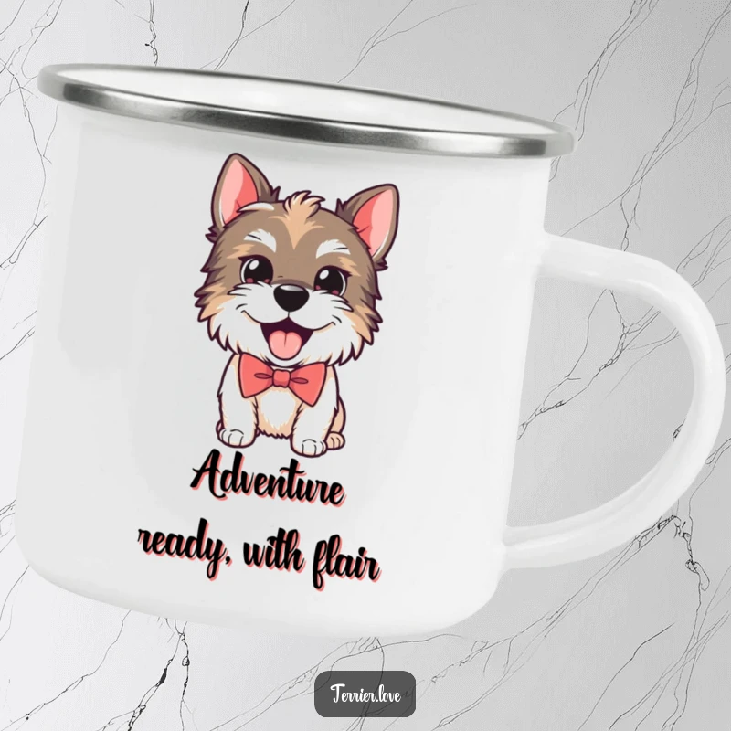 Funny camping mug featuring a playful Terrier dog wearing a smart bow tie and panting happily, perfect for stylish outdoor enjoyment.