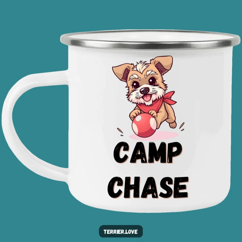 Funny Terrier Camping Mug: Bandana, Ball Chase, Outdoor Gift