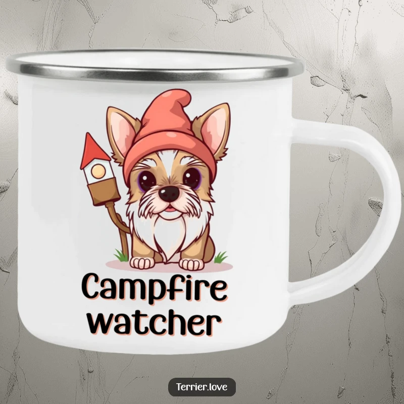 Funny Terrier Camping Mug: A curious dog peeks from behind a gnome, perfect for outdoor use and adding humor.