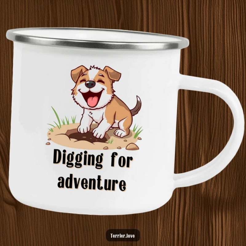 Funny digging terrier camping mug, dog digging with intensity, focused outdoor drinkware, great for adventurers.