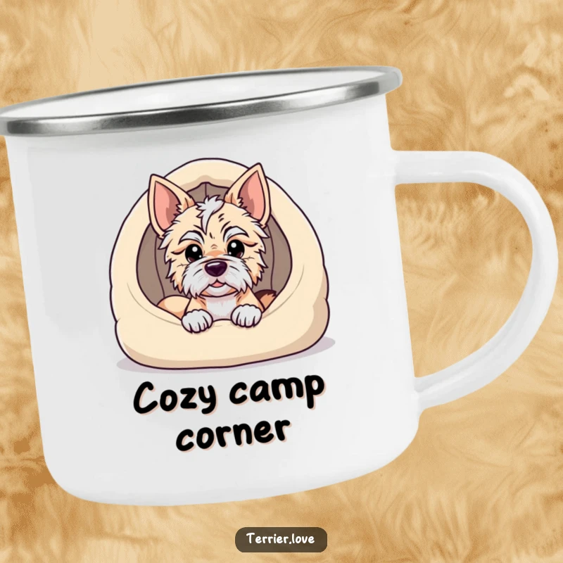 Funny terrier camping mug featuring a dog peeking from a cozy dog bed, embodying the spirit of adventure with a touch of cozy comfort.