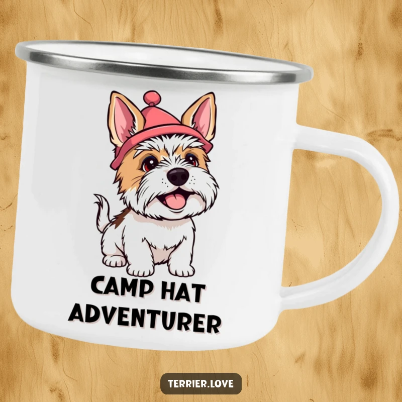 Funny terrier camping mug showing a dog wearing a silly hat and wagging its tail happily, perfect for outdoor fun.