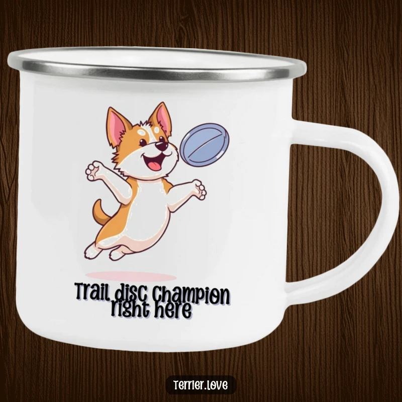 Funny terrier camping mug featuring a bouncy dog leaping to catch a flying disc, ready for adventure.