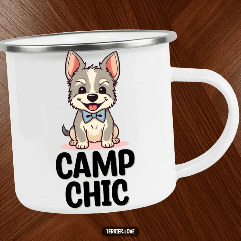 Funny Bow Tie Terrier Camping Mug: A dapper dog shakes its head with glee during an adventure, fun outdoor drinkware.