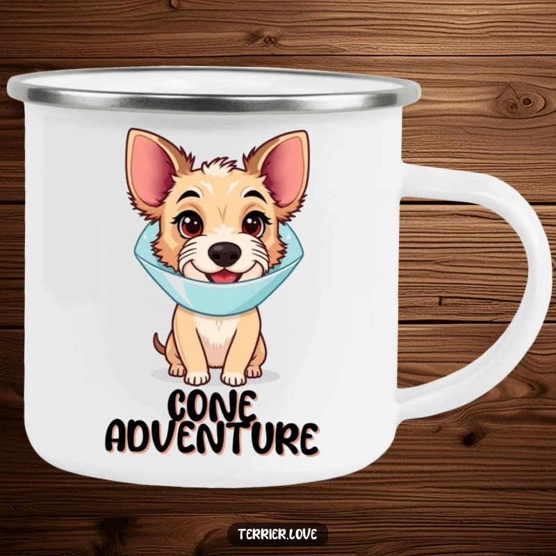 Funny Camping Mug: A terrier dog wearing a cone, looking slightly bewildered but happy, perfect for outdoor companions.