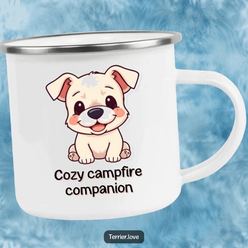 Funny Camping Mug: A cheerful terrier with soft, floppy ears, designed for outdoor adventures and cozy campfire moments.